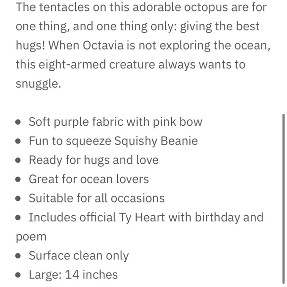 *FREE! with $9 purchase” Ty Squish-A-Boos™ Octavia Lavendar Octopus (14”) - Picture 7 of 8